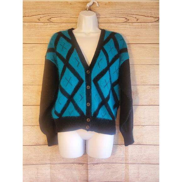 Vintage ARGYLE SWEATER CARDIGAN Blue and Black Angora Blend Size S - Picture 1 of 5